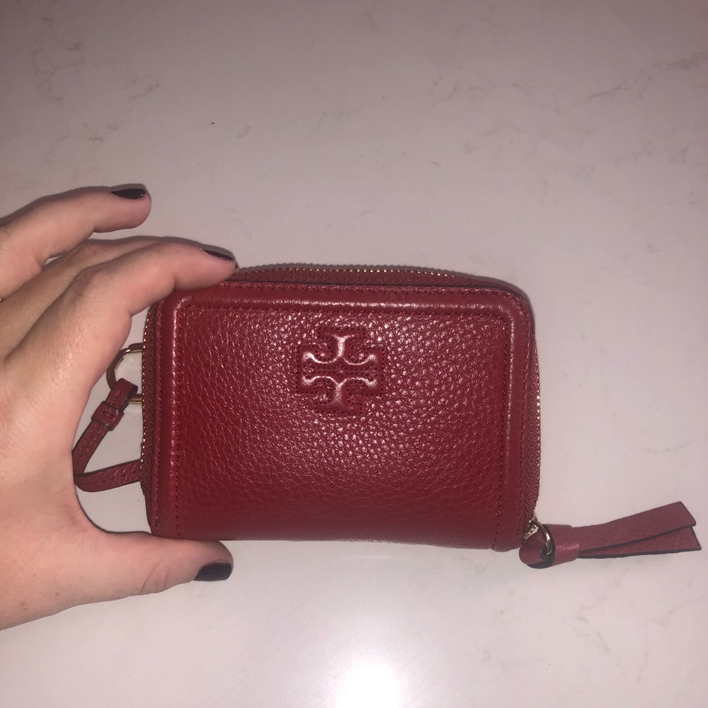 Tory Burch Red Pebbled Leather Zip Wallet